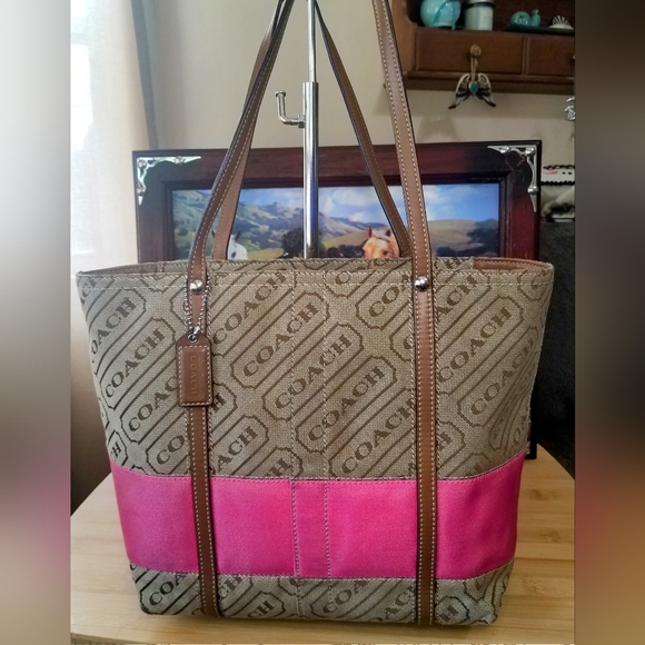 Coach Handbags - Coach Lozenge Brown Canvas Leather Trim Pink Stripe Zipper Closure Tote Bag